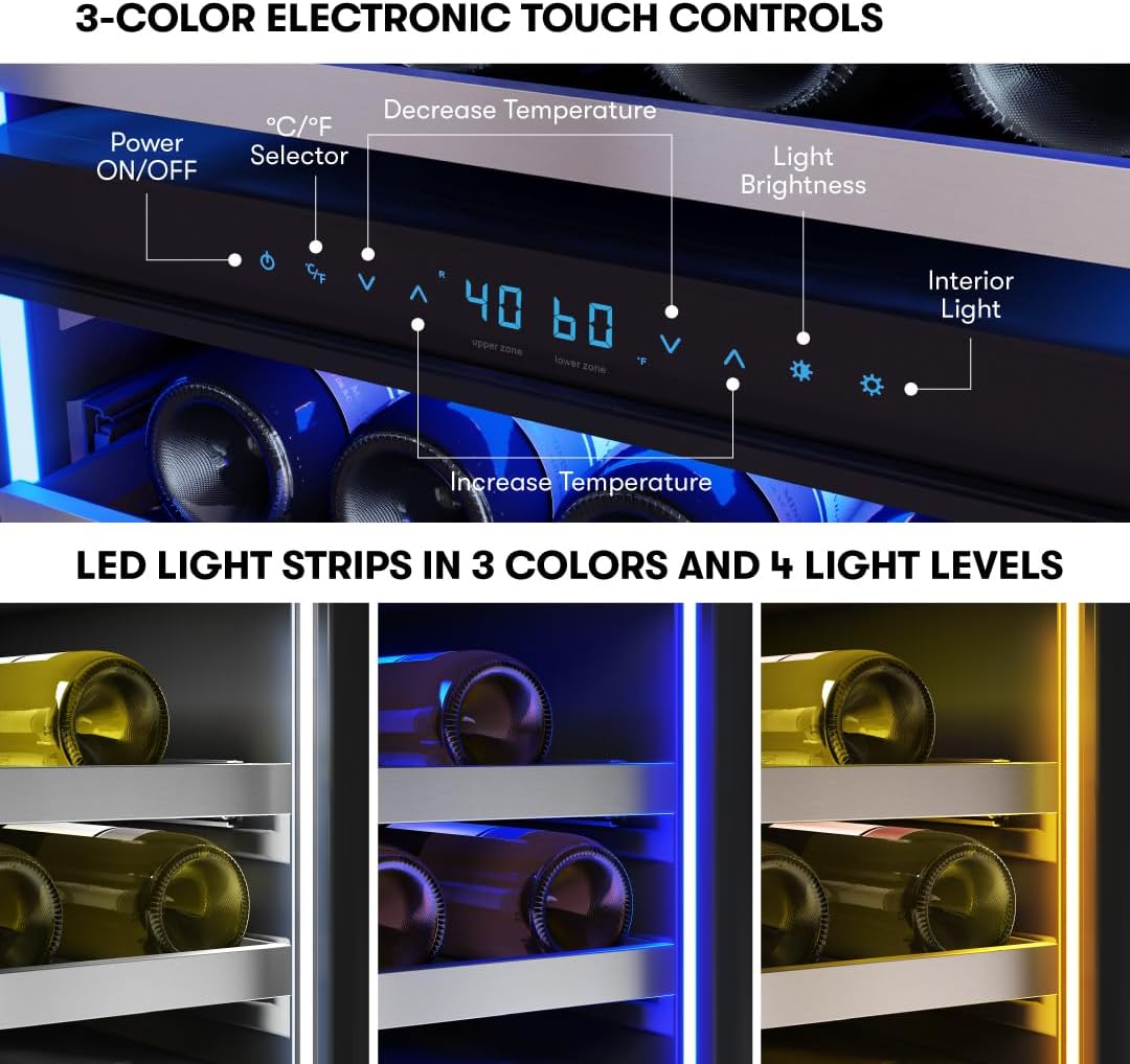 Zephyr Presrv 24 Inch Wine Fridge Full Size Dual Zone - Wine Cooler Cellars Large Cabinet Wine Refrigerator Home Bar Chiller Freestanding with French Glass Door - 138 Bottles 750 ml