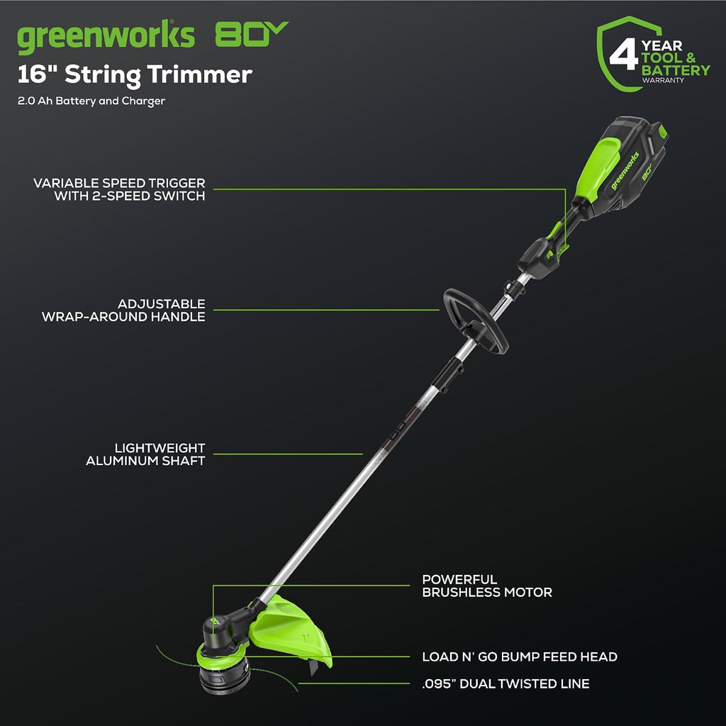 Greenworks 80V 16' Brushless Cordless String Trimmer and 700 CFM Leaf Blower Combo Kit, 2.5Ah Battery and Charger Included