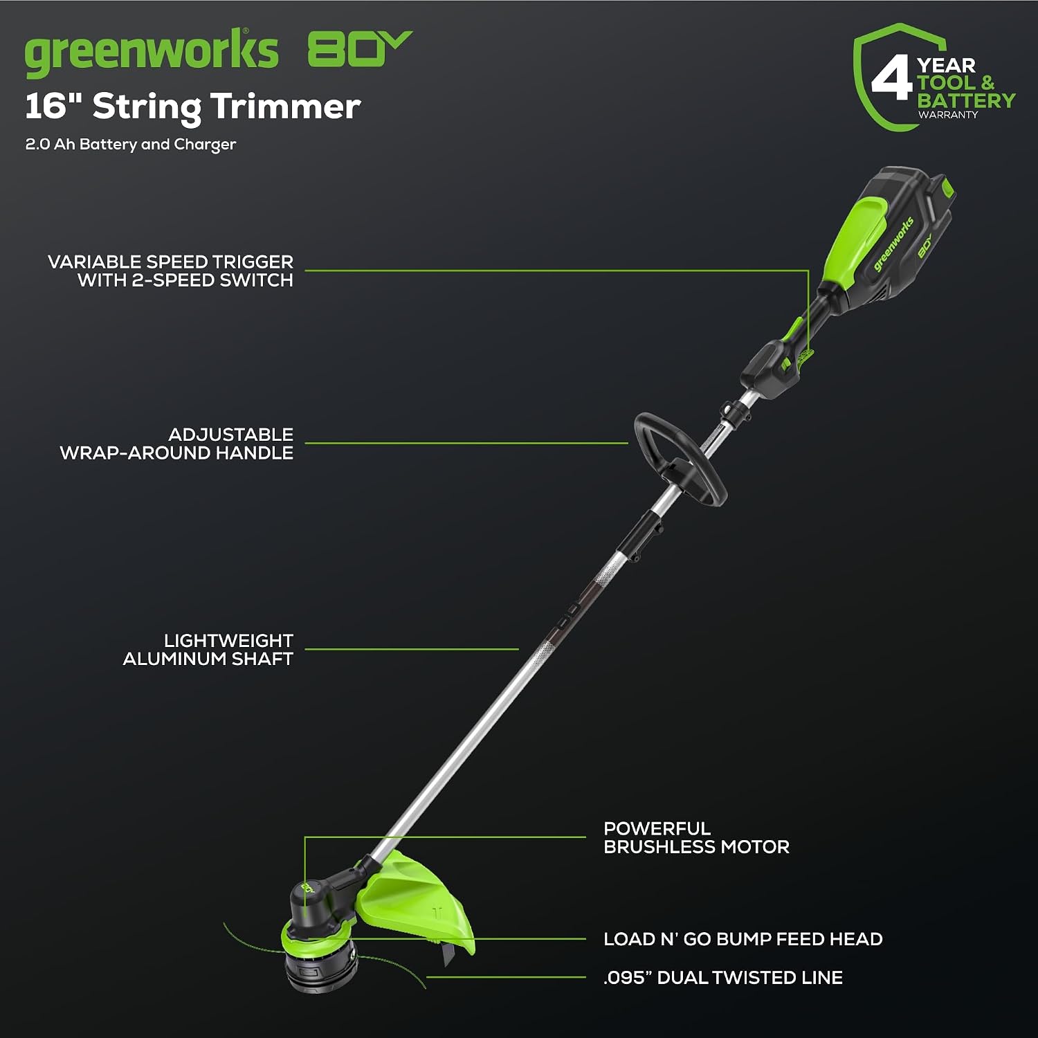 Greenworks 80V 16' Brushless Cordless String Trimmer and 700 CFM Leaf Blower Combo Kit, 2.5Ah Battery and Charger Included