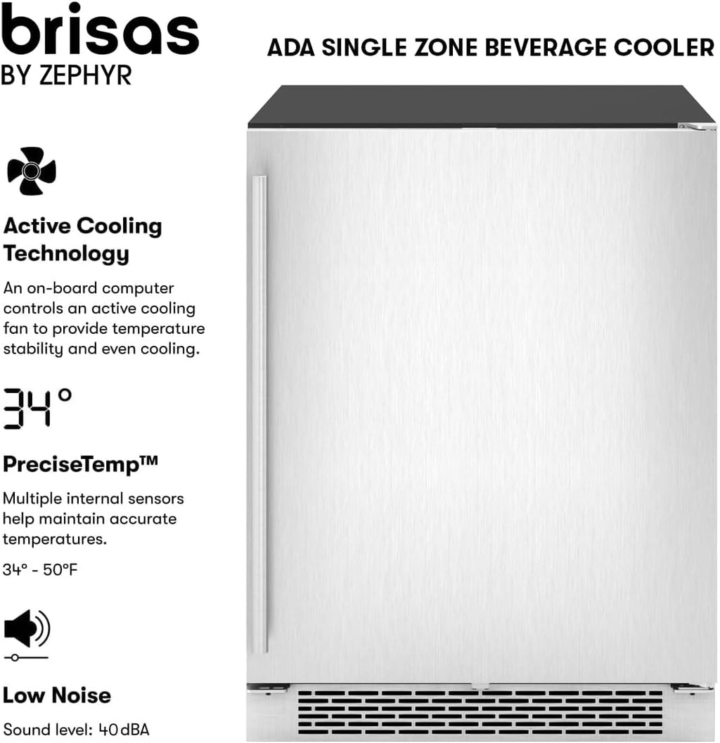 Zephyr Brisas 24' Wine Fridge & Beverage Refrigerator ADA Single Zone Under Counter - Mini Wine Cooler Cellars Small Beer Cabinet Drink Chiller Freestanding Stainless Steel Door - 8 bottles 98 cans