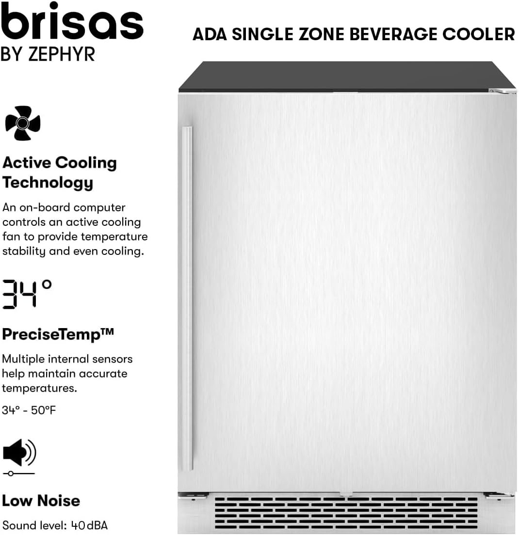 Zephyr Brisas 24' Wine Fridge & Beverage Refrigerator ADA Single Zone Under Counter - Mini Wine Cooler Cellars Small Beer Cabinet Drink Chiller Freestanding Stainless Steel Door - 8 bottles 98 cans