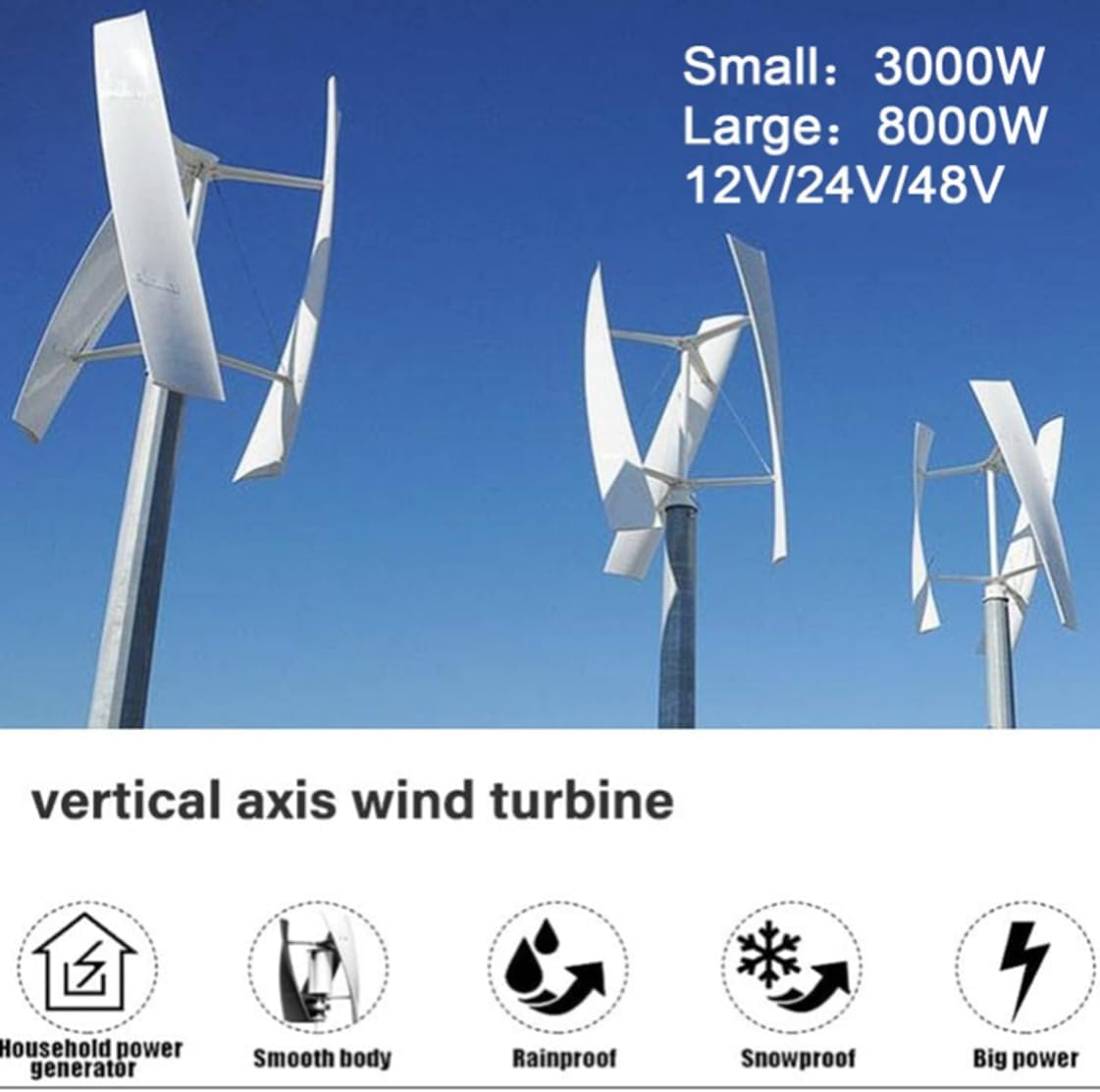3000W Noiseless Vertical Wind Turbine - Portable 12V/24V/48V Energy Generator for Home with MPPT Controller - Efficient Renewable Power Solution