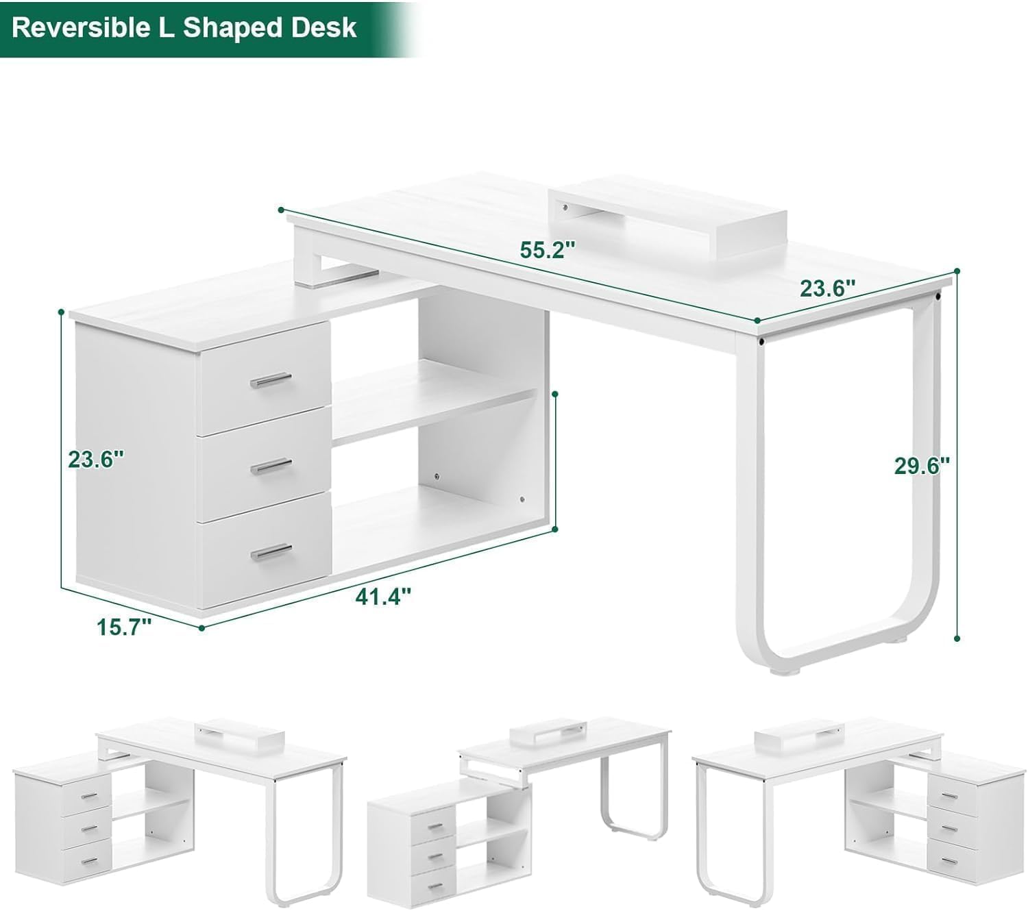 MaverickFurni 55' White Desk with Drawers and Shelves, Reversible L Shaped Desk with Monitor Stand, Home Office Desk with Storage for Work Writing Study, White