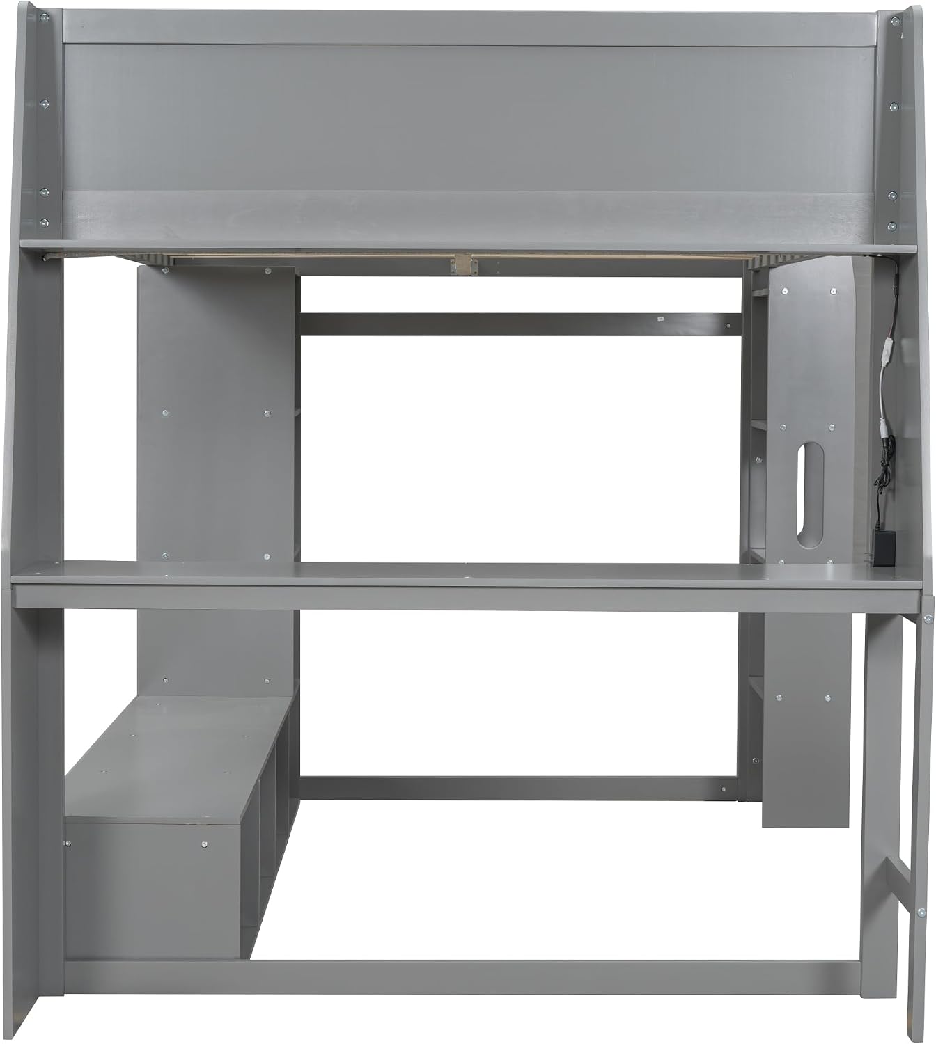 VilroCaz Modern Full Size Gaming Loft Bed with Desk and Multi-Storage Shelves, Wood Loft Bed Frame with Workstation and a Hanging Clothes Rack, Maximize Space Saving (Full)