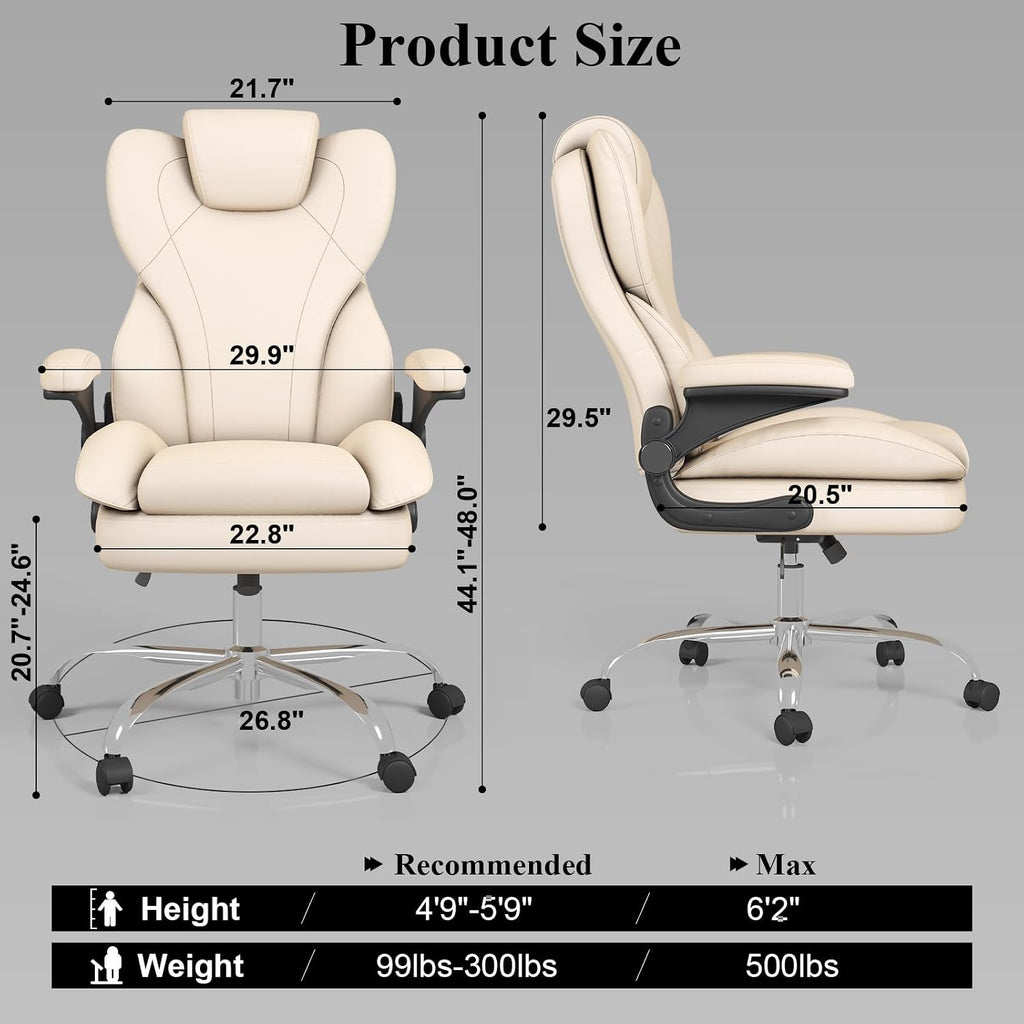 Office Desk Chair, Executive Leather Office Chair, High Back Ergonomic Home Desk Chair with Padded Flip-up Arms, Big and Tall Computer Chair with Rocking Function, 360°Swivel Free, Beige