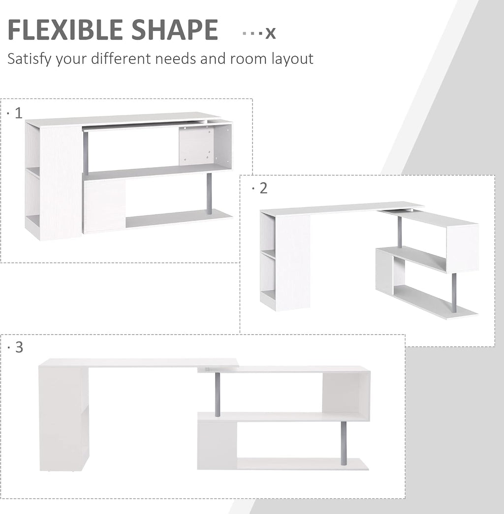 HOMCOM 55' 360° Rotating Corner Computer Desk Modern L-Shaped Home Office Workstation with 3-Tier Storage Shelves, Bookshelf, White