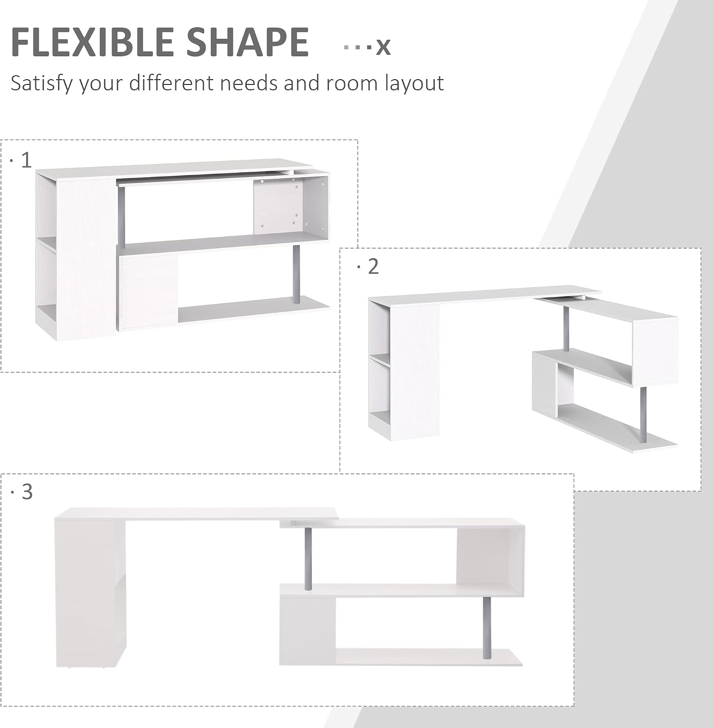 HOMCOM 55' 360° Rotating Corner Computer Desk Modern L-Shaped Home Office Workstation with 3-Tier Storage Shelves, Bookshelf, White