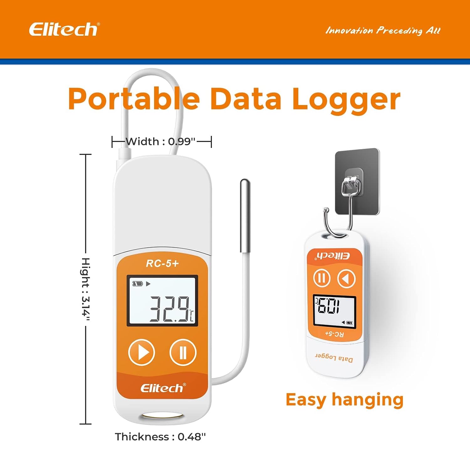 Elitech RC-5+ TE Digital PDF USB Temperature Data Logger Reusable Recorder Refrigerator Thermometer 32000 Points High Accuracy (Extra External Sensor)-50Pack