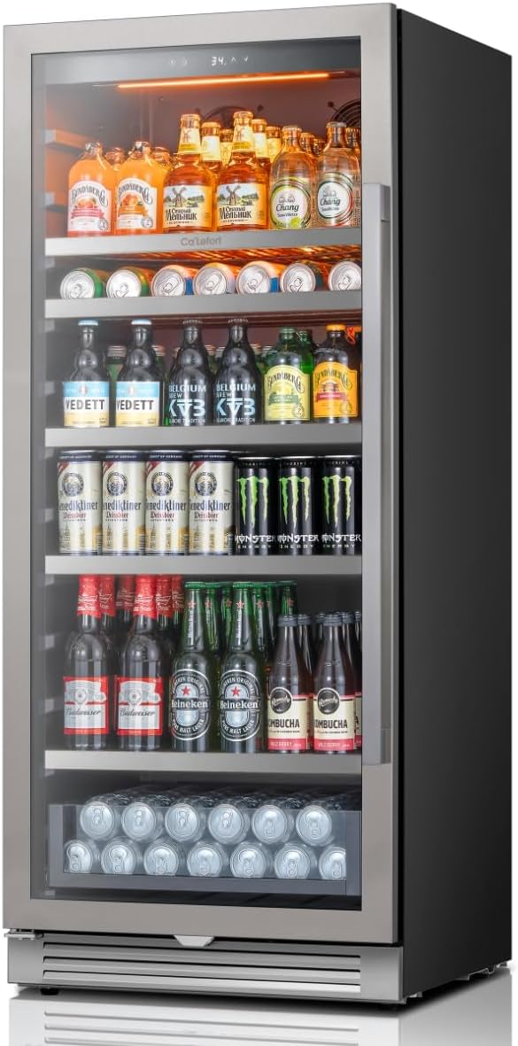 Ca'Lefort Beverage Refrigerator 24 Inch, 238 Cans Tall Fridge with Double Glass Door, Built-in or Freestanding Drink Cooler with Amber LED Light, Beverage Fridge for Kitchen Bar Office(Left-Hinged)