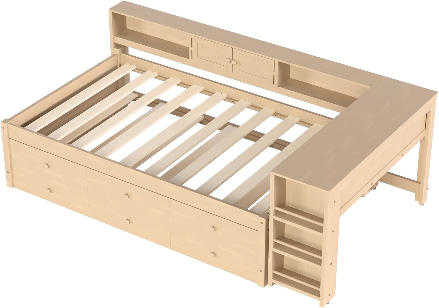 SOFTSEA Twin Size Corner Bed with Trundle & Storage Drawers, Wood Daybed with Desk and Bookcase Headboard, Twin Corner Daybed with Storage Shelves for Kids Teens Adults, Golden