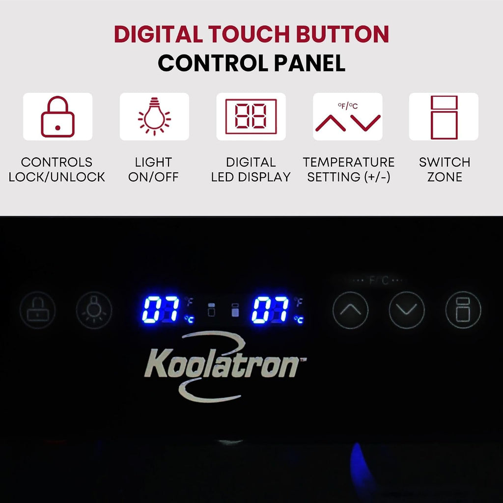 Koolatron 29 Bottle Wine Fridge – Wine Cooler with Glass Door, 3 Cu ft (86 L) Beverage Can Refrigerator, Digital Temperature Control/Dual temperature zone, Ideal for White, Red & Sparkling Wine