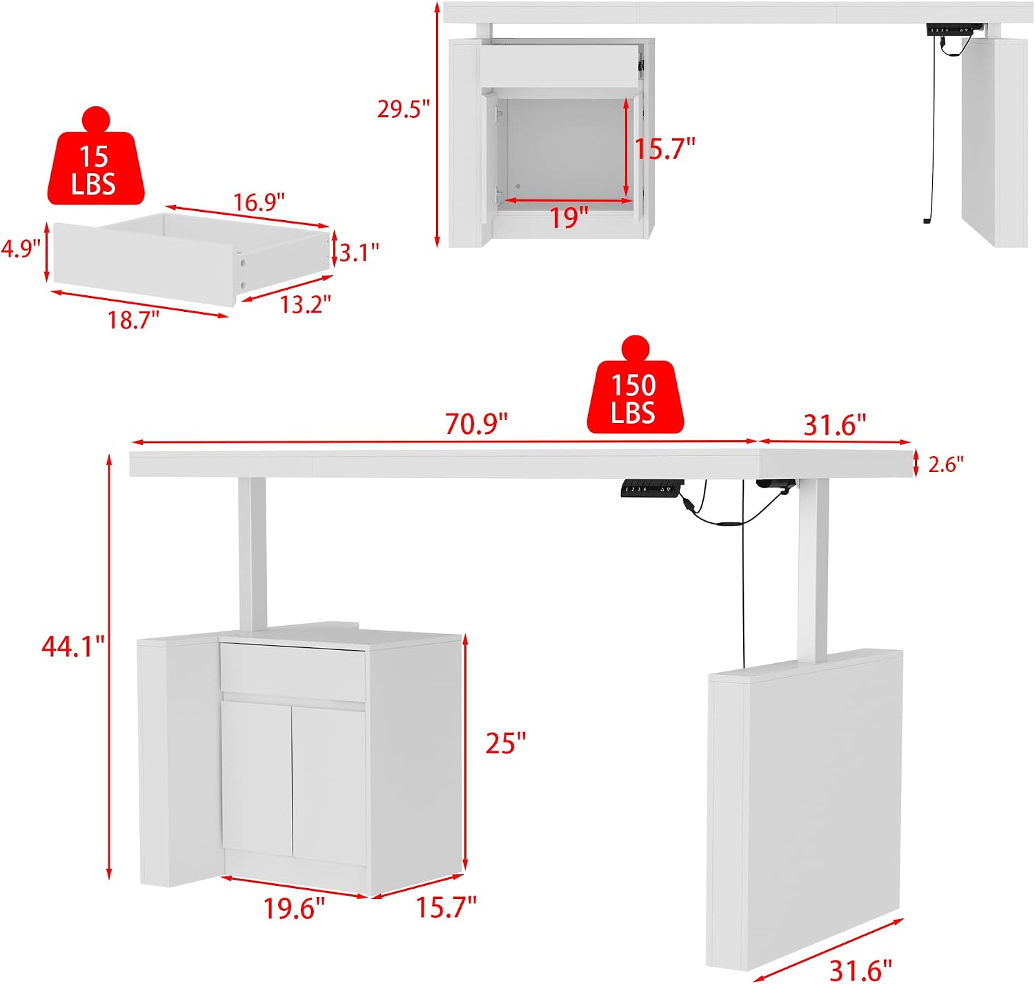 70.9' W Height Adjustable Standing Desk with Drawers & Cabinet, Electric Stand up Desk with Storage, I Shaped Home Office Table Corner Computer Workstation, White (29.5'-44.1' H)
