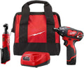 For Milwaukee M12 Cordless Power Tool Combo Kit, 12V Drill Driver and Ratchet with Charger, Red and Black Carrying Bag, 3-Piece Set