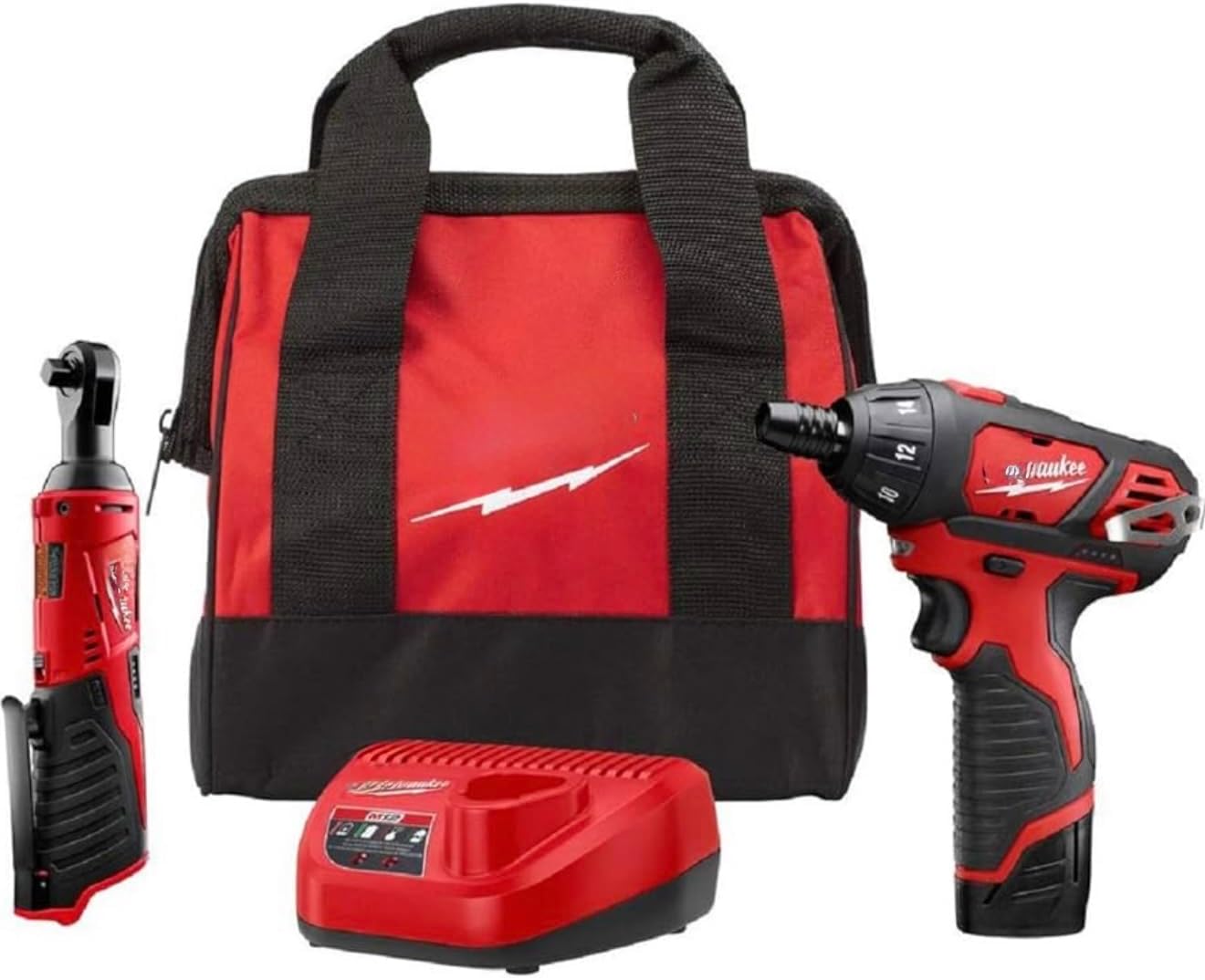 For Milwaukee M12 Cordless Power Tool Combo Kit, 12V Drill Driver and Ratchet with Charger, Red and Black Carrying Bag, 3-Piece Set