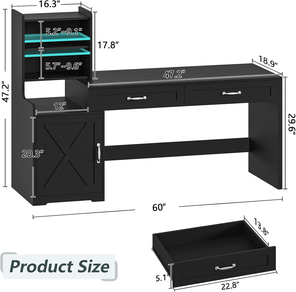 YOMILUVE 60' Computer Desk with 2 Drawer & Bookshelves, Home Office Desk with Storage Cabinet & Spacious Desktop, Writing Gaming Study Table with Bookcase, Black