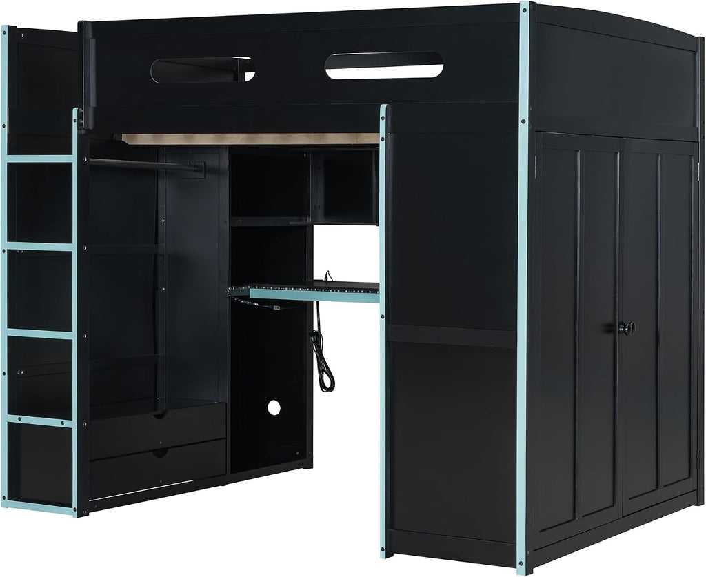 DNYN Full Size Loft Bed with Desk & Drawers & Storage Shelves & Led & Wardrobe Design for Bedroom,Gaming Style Wooden Bedframe w/Safety Guardrails & Blue Ladder,No Box Spring Needed, Black