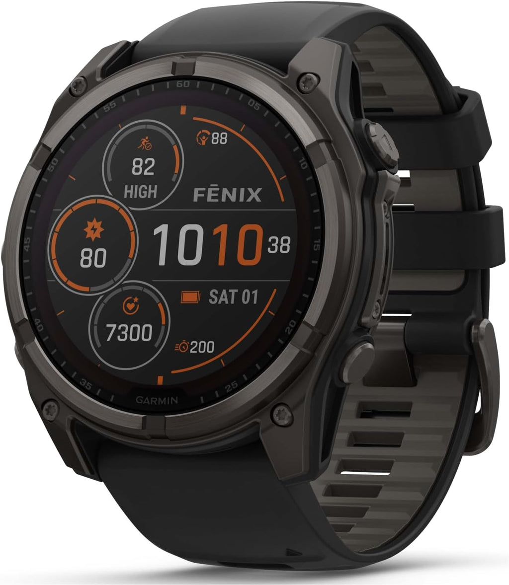 Garmin Fenix 8 – 51 mm, Solar, Sapphire, Carbon Gray DLC Titanium GPS Multisport Smartwatch with Black/Pebble Gray Silicone White Earbuds Bundle
