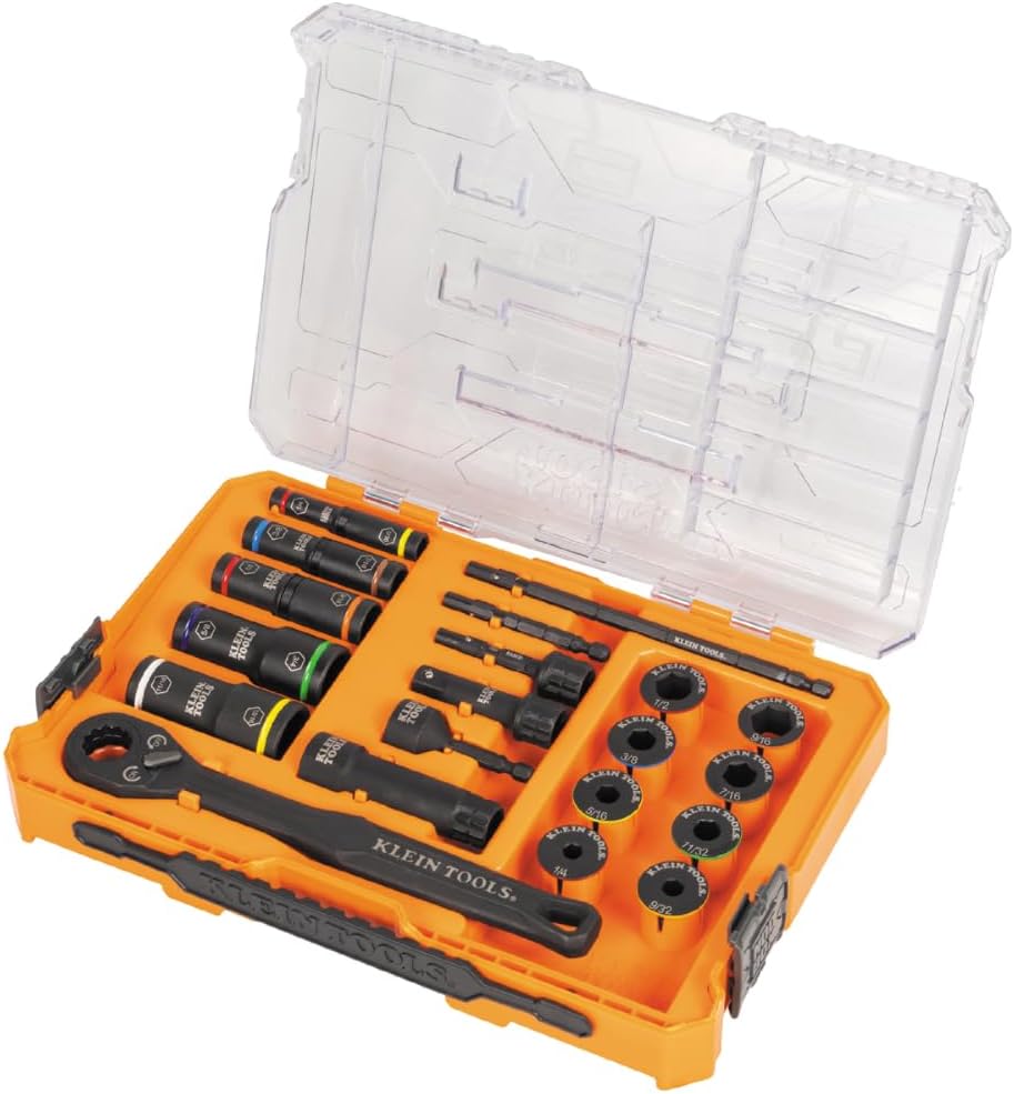 Klein Tools 65240 KNECT Impact Deep-Well Flip Socket and Low-Profile Pass Through Socket Set, SAE, 20-Piece, MODbox Case, 1/4-Inch and 3/8-Inch Drive