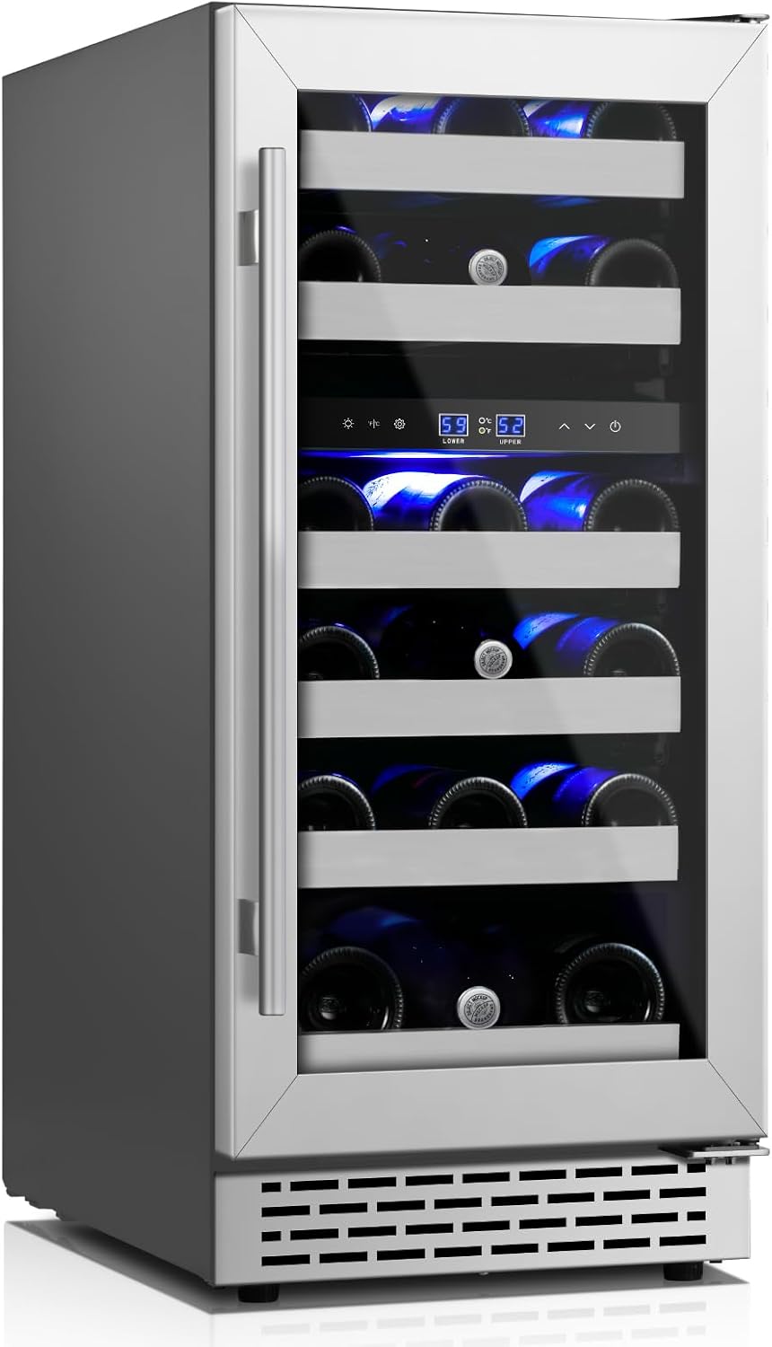 15 Inch Wine Fridge Under Counter, 28 Bottles Dual Zone Wine Cooler Refrigerator, 40-65°F, Stainless Steel Mini Chiller with Double Tempered Glass& Removable Shelves, Freestanding/Built-in
