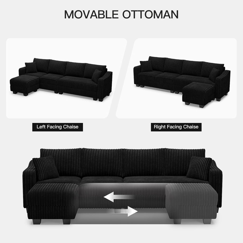 Belffin Sectional Couch with L-Shape Chaise L Shaped Couch with Ottoman Sectional Couches for Living Room Corduroy (Black, L Shaped)
