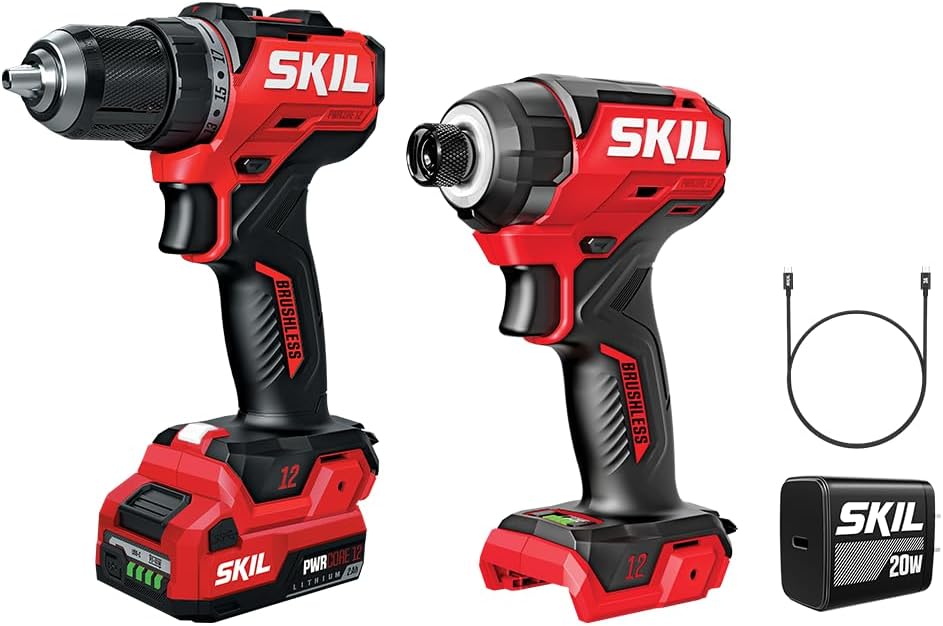 SKIL PWR CORE 12V Brushless 1/2 In. Compact Variable Speed Drill Driver & 1/4 In. Hex Compact 3-Speed Impact Driver Kit, Includes 2.0Ah Battery and 20W USB-C Charger - CB8429A-11