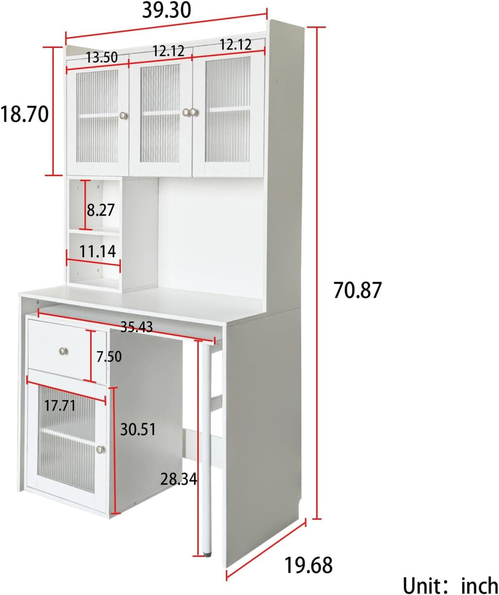 KEIKI L Shaped Home Office Desks with 90° Rotating Retractable Desktop, Glass Door, Hutch, Drawers, Bookshelf & Storage Shelves, Modern Gaming Computer Corner Table for Work, Study, Writing, White