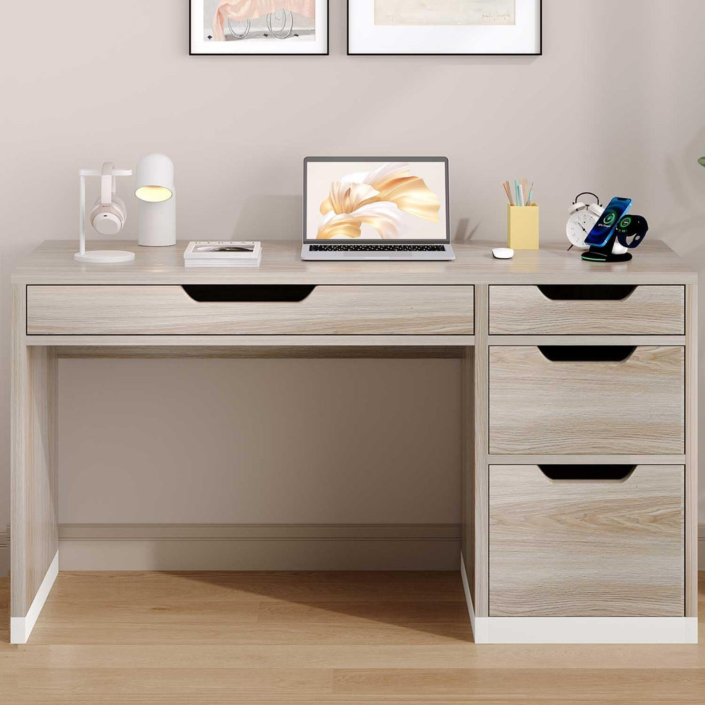 MaverickFurni 52 Inch Desk with 4 Drawers, Computer Desk with Storage File Drawer for Bedroom, Small Office Desk with Storage for Small Space, Light Walnut