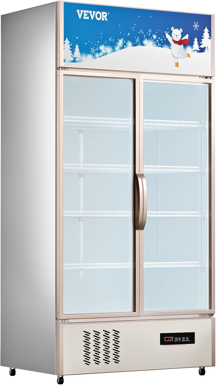 VEVOR Commercial Merchandiser Refrigerator 2 Glass Doors, 23 Cubic Ft, Upright Display Beverage Cooler 79' Tall x 39.4' Width, Fridge with LED Lighting for Drink Wine Soda, Gold