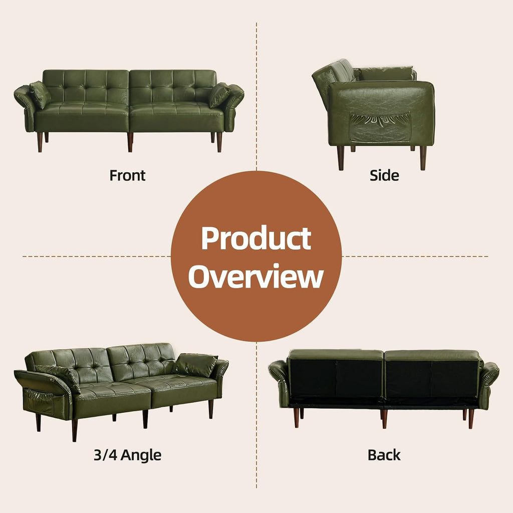 HALLYBEE Futon Sofa Bed, Sleeper Sofa, Small Couch with Storage Adjustable Armrests Pillows, Faux Leather Loveseat, Mid Century Modern Couches for Living Room, Bedroom, Apartment, Olive Green