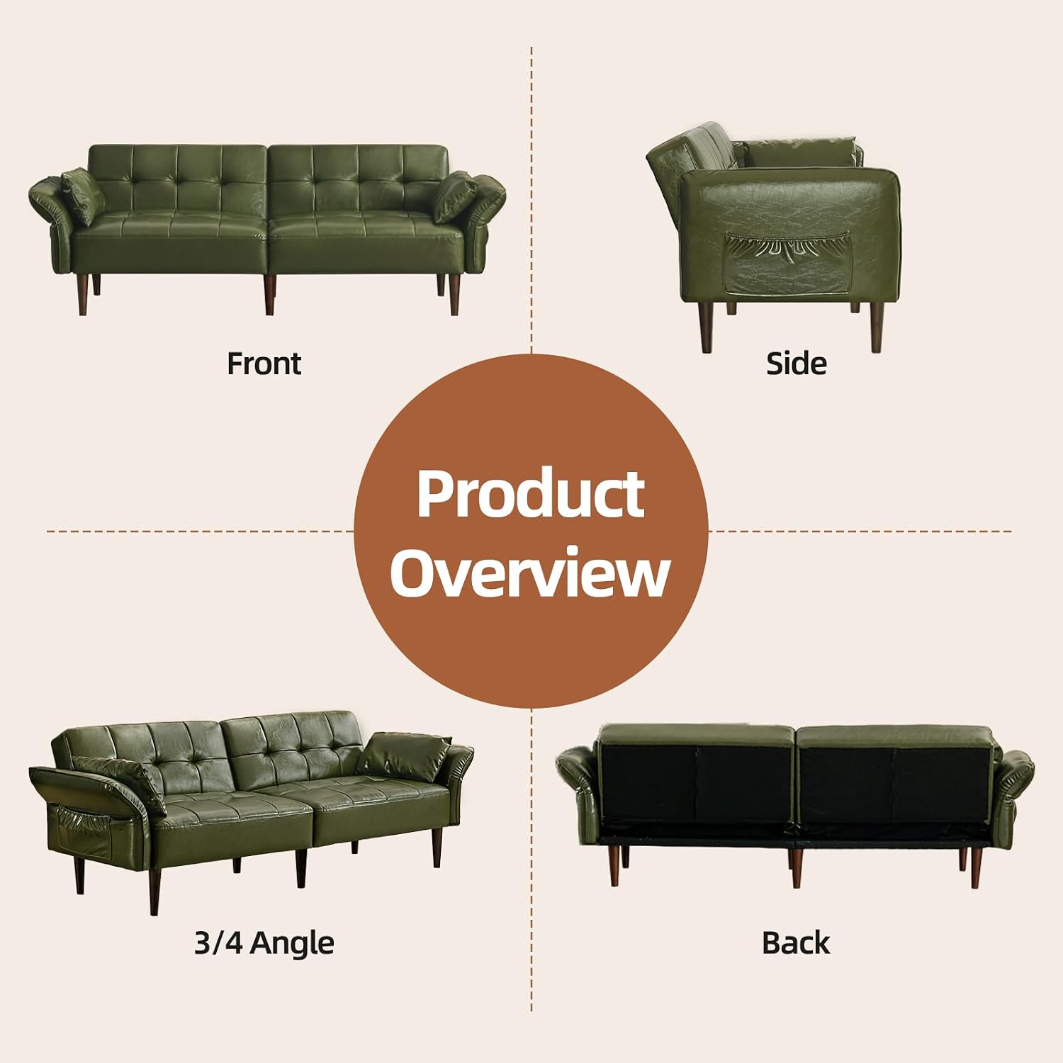 HALLYBEE Futon Sofa Bed, Sleeper Sofa, Small Couch with Storage Adjustable Armrests Pillows, Faux Leather Loveseat, Mid Century Modern Couches for Living Room, Bedroom, Apartment, Olive Green
