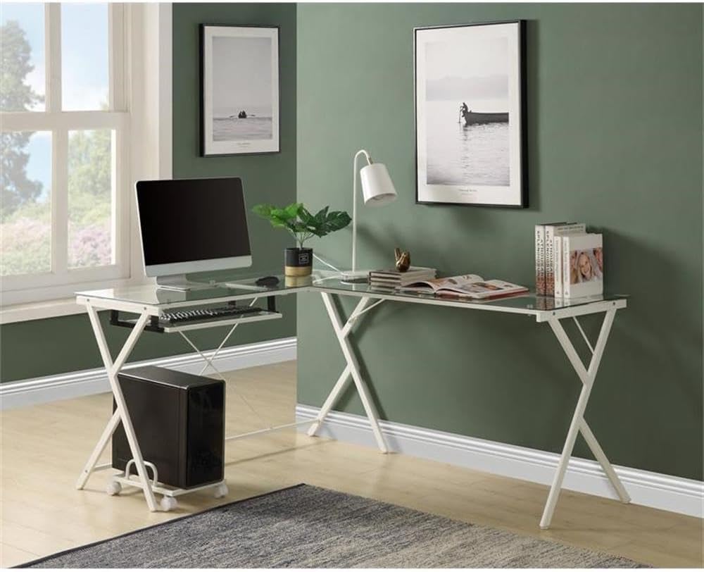 Acme Demas Glass Top L-Shaped Computer Desk with Holder in Clear and White