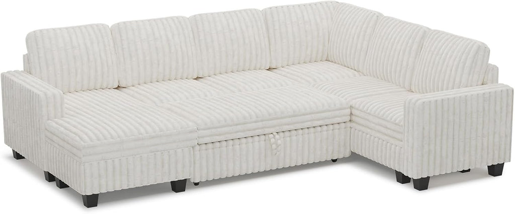 Belffin Corduroy Sleeper Sofa Bed with Storage Chaise Modular Sectional Sofa Couch with Pull Out Bed L Shaped Sectional Couches for Living Room Beige Couch