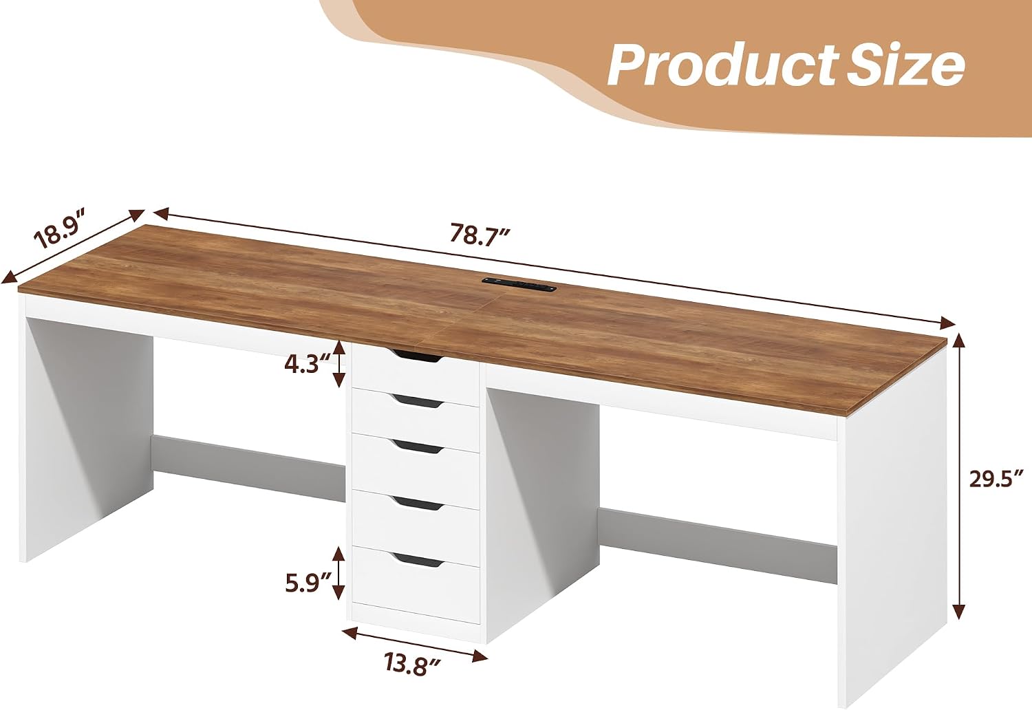 YOMILUVE 2 Person Desk with 5 Drawers and Power Outlets, 78.7 Inch Long Computer Desk with Storage File Cabinet, Two Person Home Office Double Desk with Storage, Brown and White