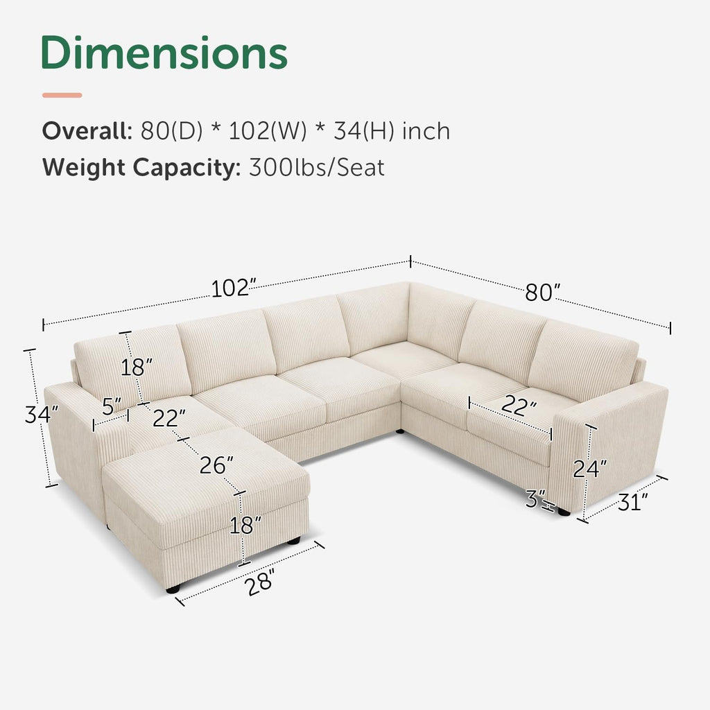 HONBAY Corduroy Sectional Sofa with Storage, U Shape Sofa with Chaise, 7 Seater Sectional Couch for Living Room, Beige