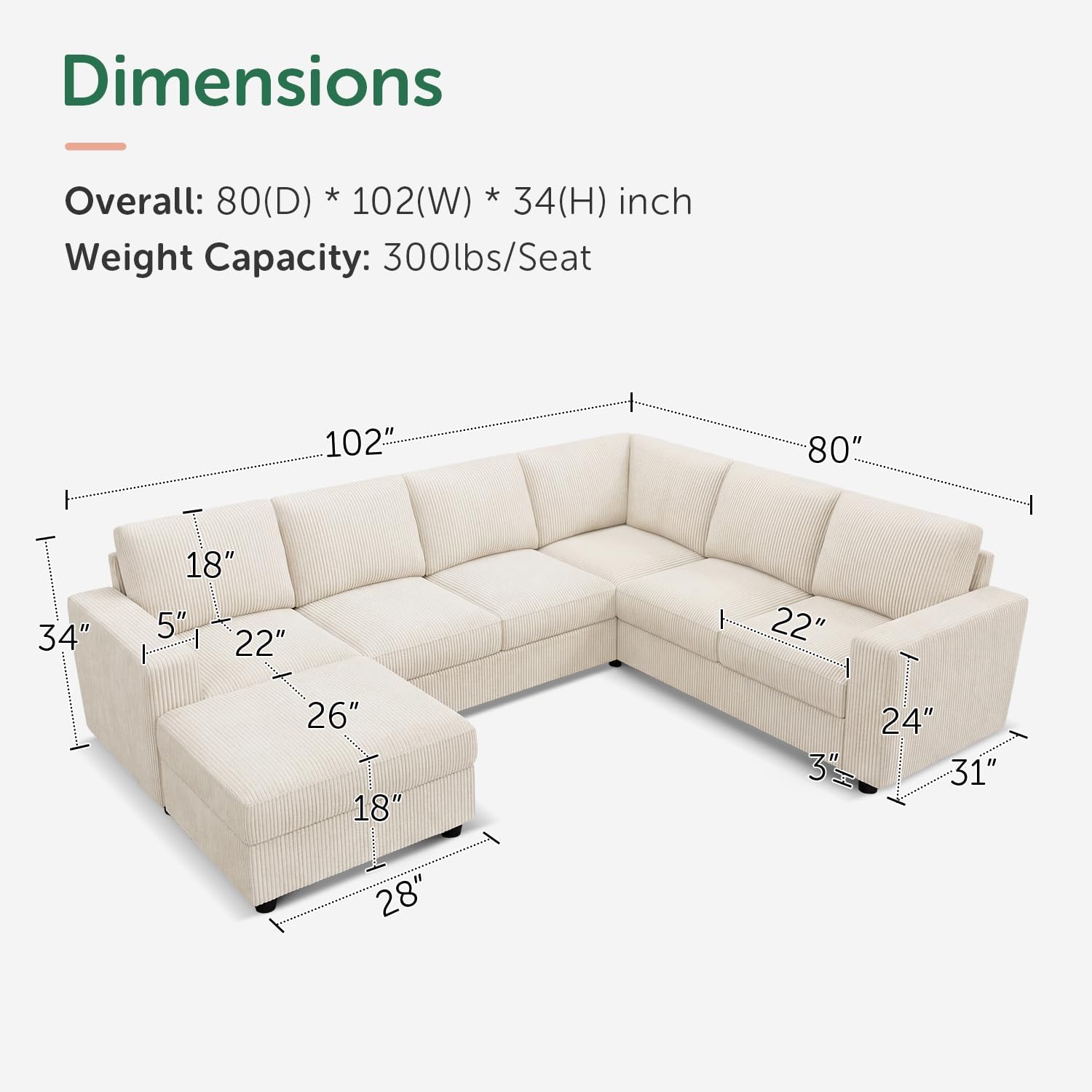 HONBAY Corduroy Sectional Sofa with Storage, U Shape Sofa with Chaise, 7 Seater Sectional Couch for Living Room, Beige