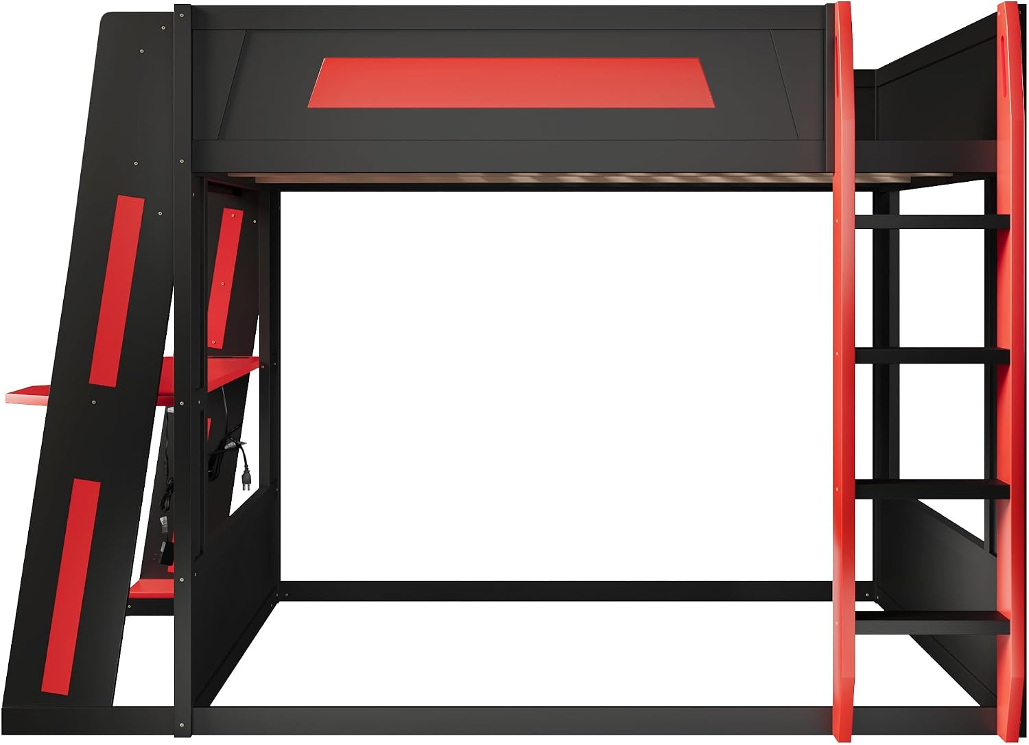 Queen Size Wooden Gaming Bunk Bed with Desk, Two Storage Shelves, USB and LED Light, Sturdy Loft Bed for Gamers & Small Spaces (Black+Red1)