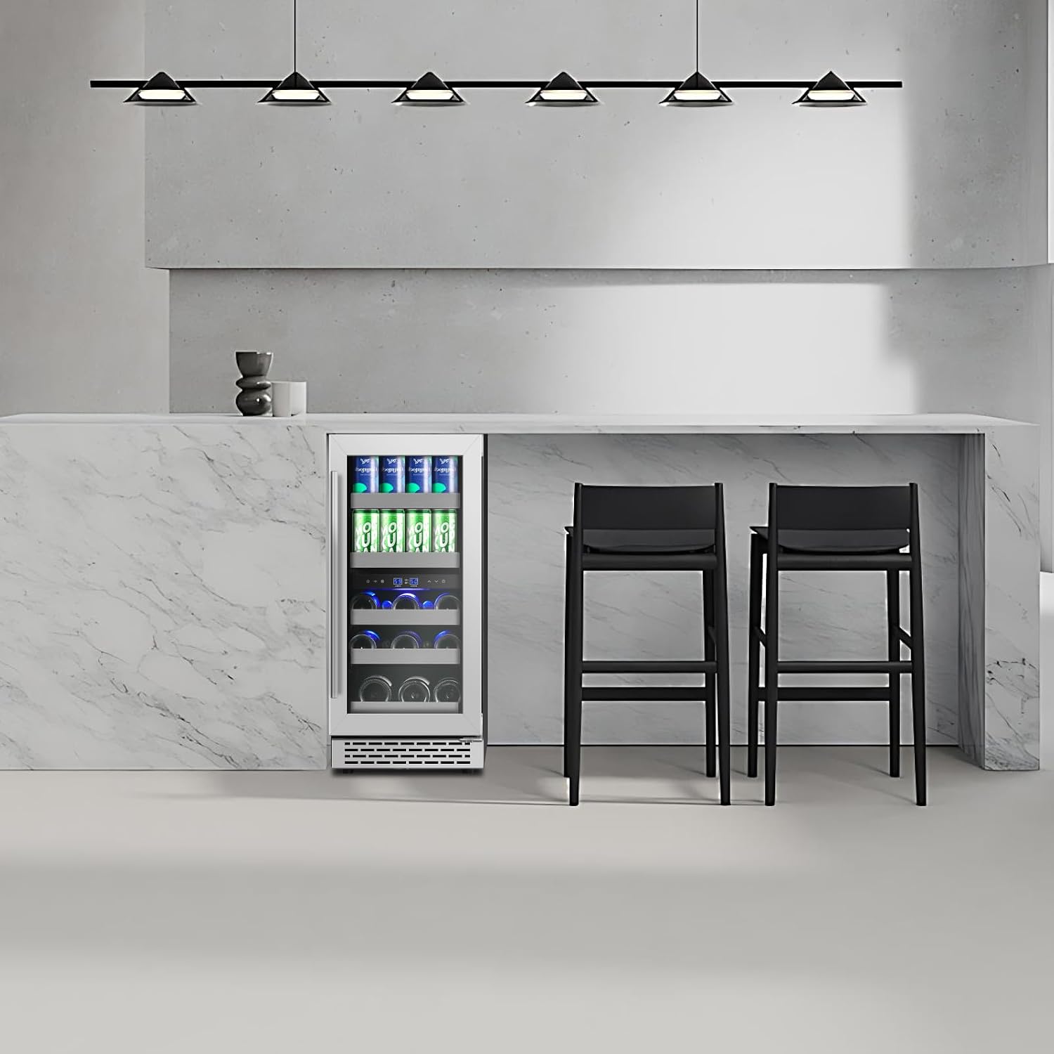 15 Inch Wine and Beverage Refrigerator, 13 Bottle & 48 Cans Dual Zone Wine Cooler, 37-65°F, Freestanding/Under Counter Beverage Fridge with Glass Door Stainless Steel Shelves