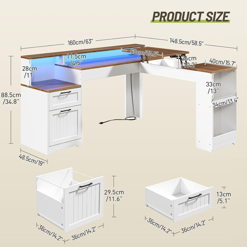 Farmhouse 63' L Shaped Standing Desk, Corner Computer Desk with Drawers, Office Desk with File Drawers with RGB Lighting & Charging Station, Monitor Stand and Storage Shelves, White and Walnut