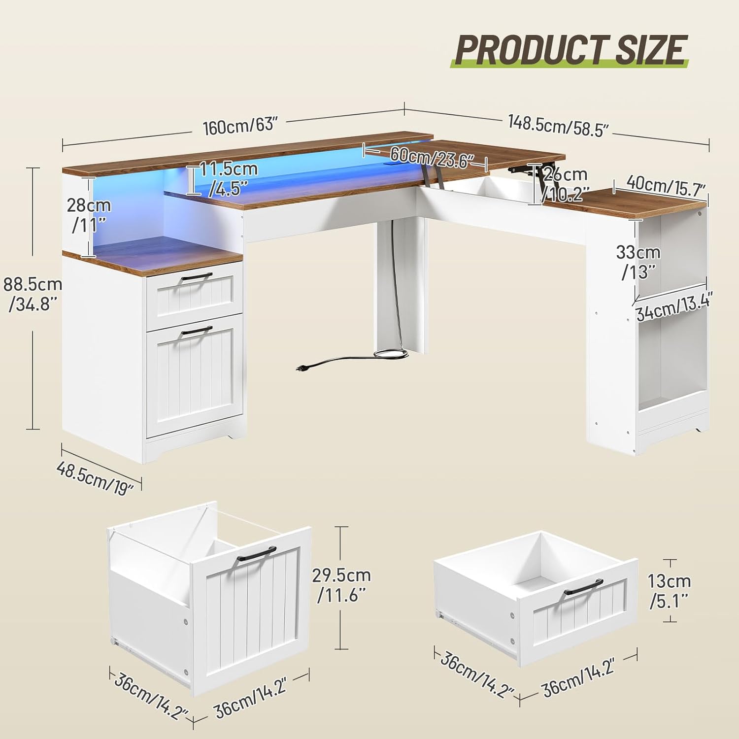 Farmhouse 63' L Shaped Standing Desk, Corner Computer Desk with Drawers, Office Desk with File Drawers with RGB Lighting & Charging Station, Monitor Stand and Storage Shelves, White and Walnut