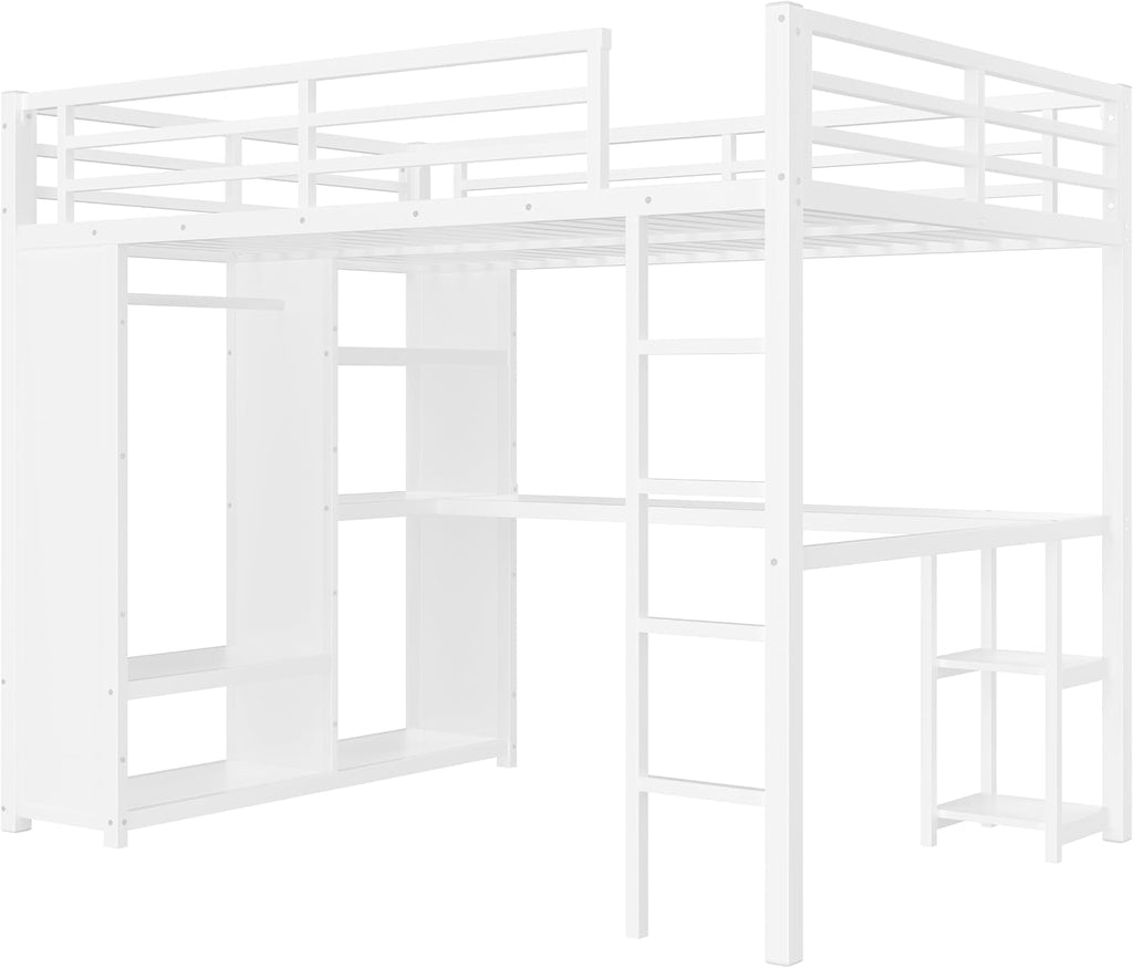 Modern Queen Size Metal Loft Bed Frame with Built-in Wardrobe,Desk and Storage Shelves, for Kids Teens Adults Bedroom Use (White#o, Queen)