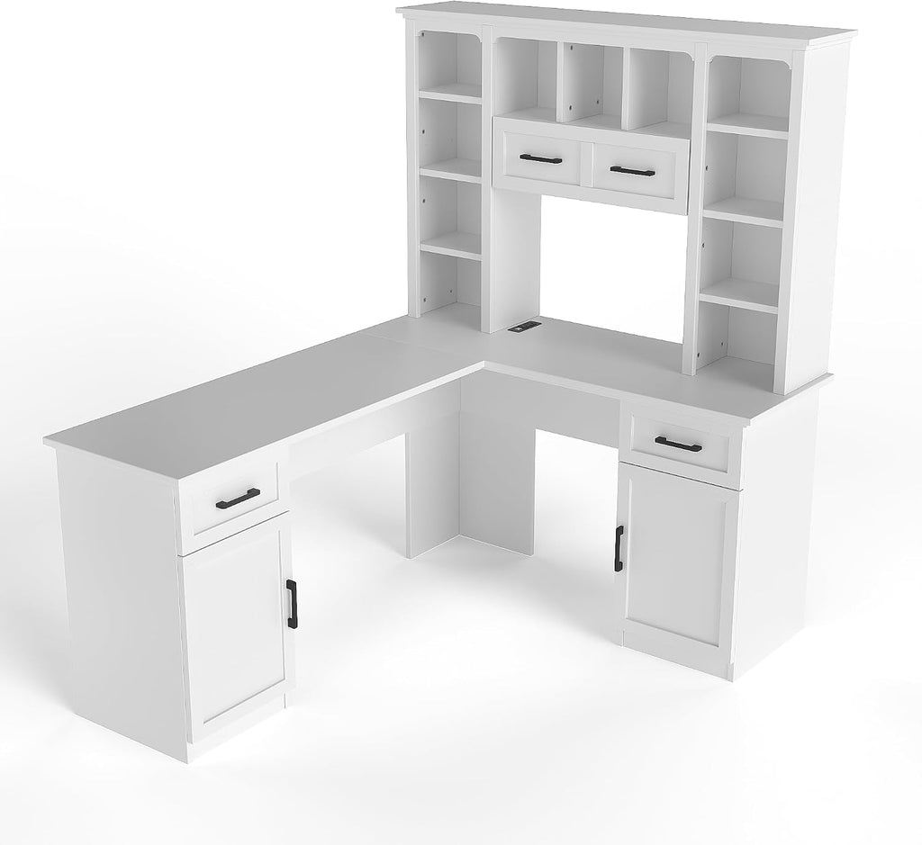 RuiSiSi L-Shaped Computer Desk with Hutch, Home Office Corner Desk with Drawers and Cabinet, Open Storage Shelves, Multi-Functional Writing Table for Study Room Bedroom Living Room, White