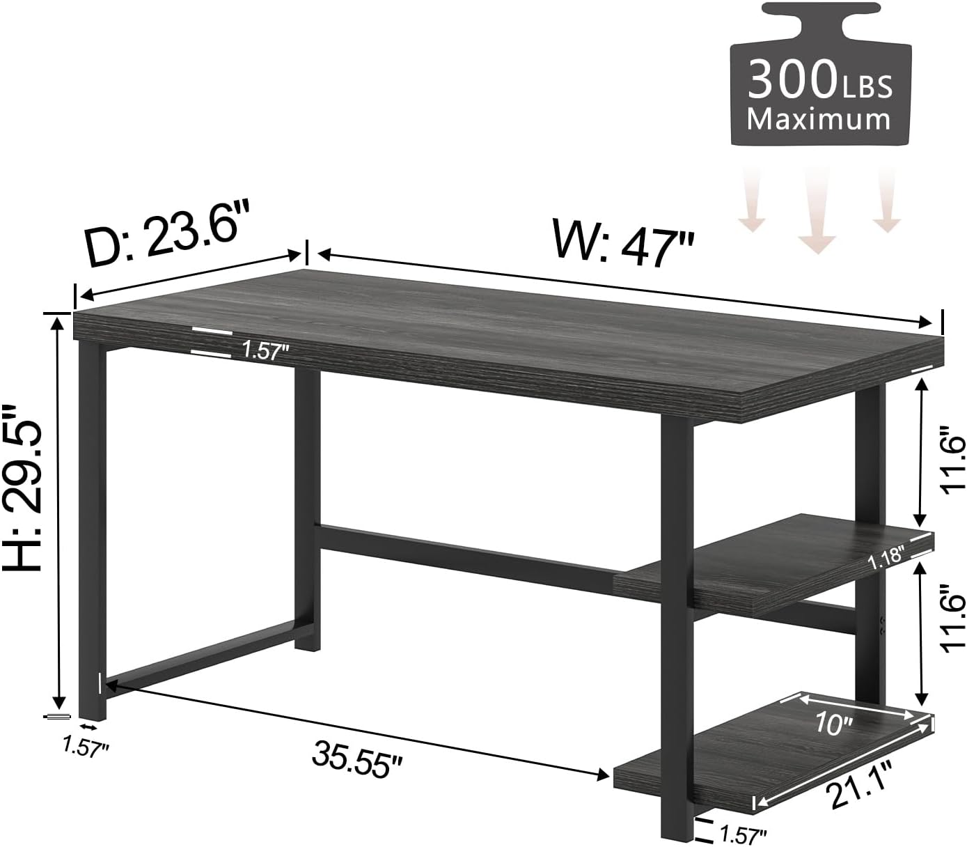 FOLUBAN 47 Inch Computer Desk with Storage Shelves, Modern Home Office Desk, Small Study Writing Desk Gaming Table Workstation for Bedroom Living Room, Industrial Dark Gray