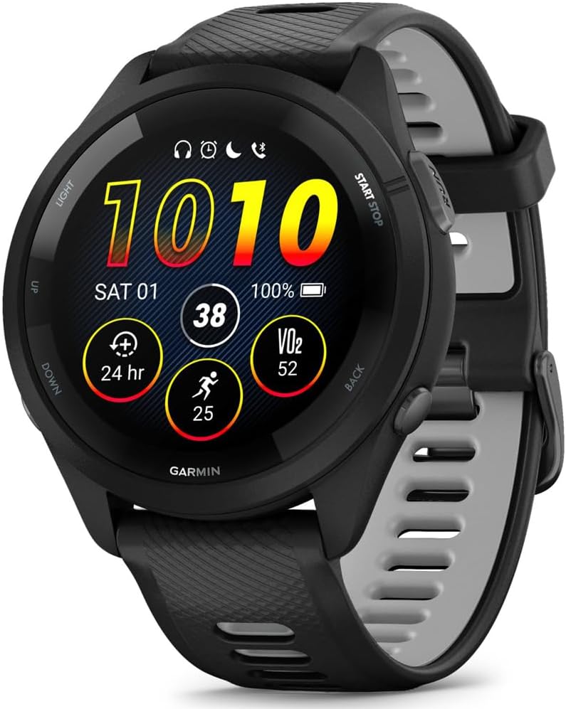 Garmin 010-02810-00 Forerunner 265 GPS Smartwatch, Black/Powder Gray | Official USA Partner Model | Bundle with Sport Towel + Deco Essentials Wearable Commuter Front & Rear Safety Light