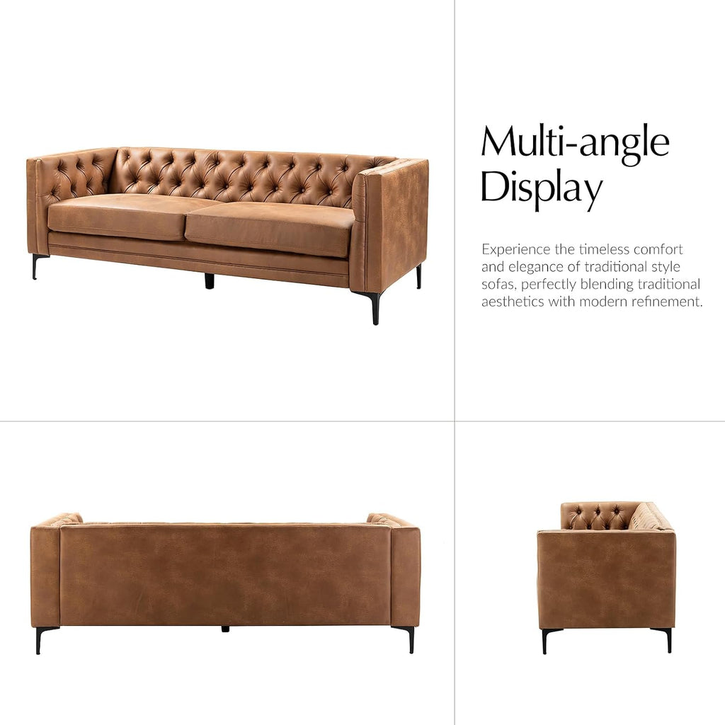 HULALA HOME 84' W Faux Leather Sofa Couch with Metal Legs, Button-Tufted 3-Seater Sofa, Mid Century Modern Upholstered Couch for Living Room, Entertainment Area, Apartment,Camel