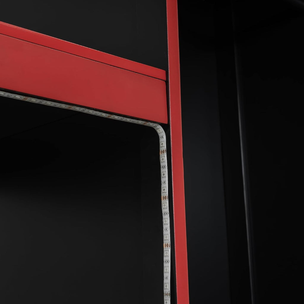 Bellemave Loft Bed with Desk and Lights, Loft Bed Twin with Built-in Wardrobe and Drawers, Wood Loft Beds Frame, Teens, No Spring Box Needed & Dedicated, Black and Red