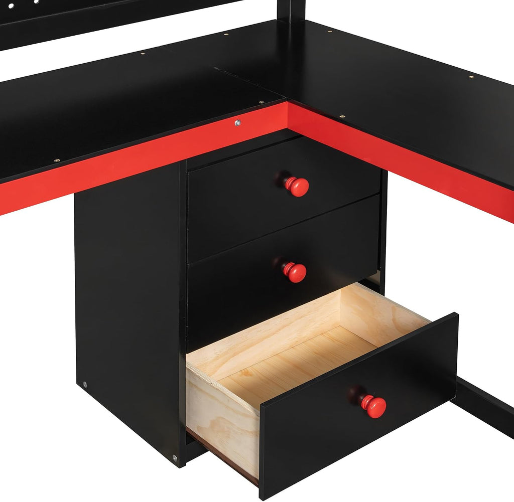 Merax Wooden Gaming Loft Bed with Storage Stairs, Desk, Shelves & Pegboard, Twin Size, Black+Red