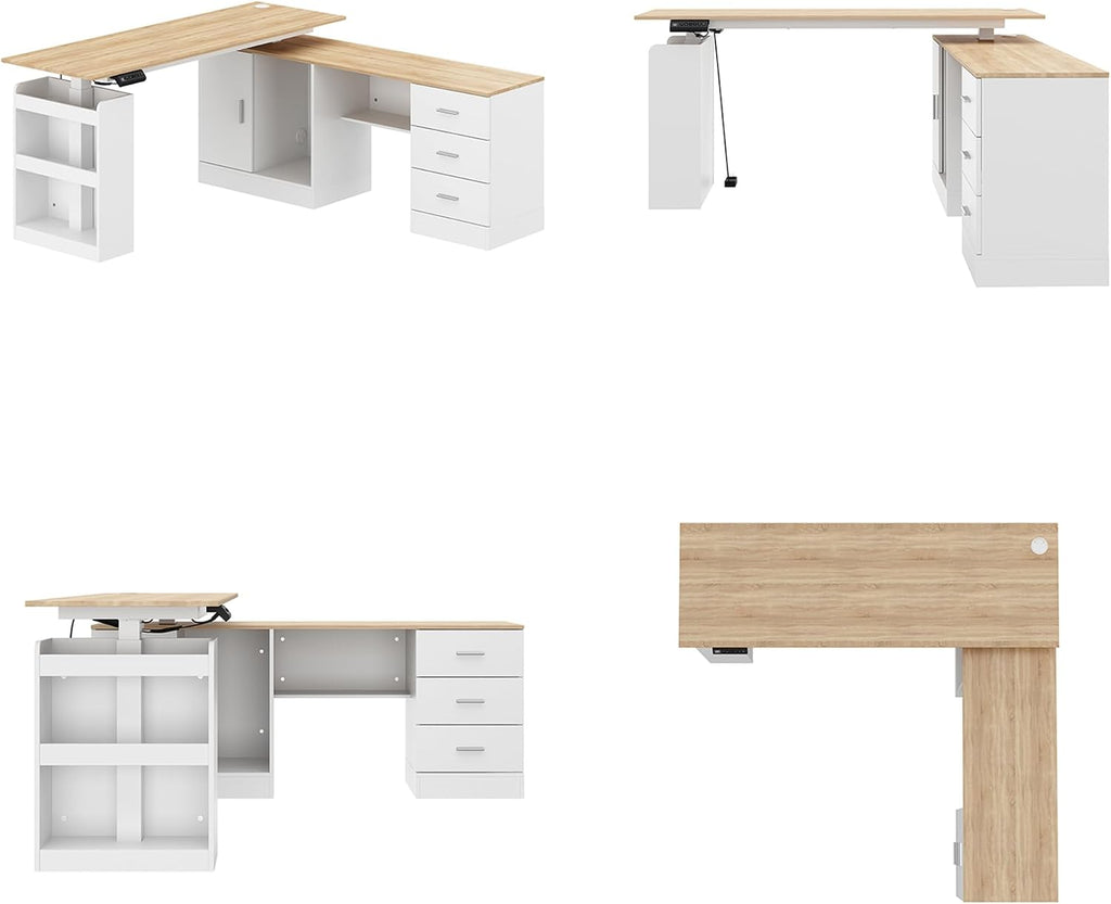 63' W Height Adjustable Standing Desk with Drawers & Cabinet, Electric Stand up Desk with Storage, L Shaped Home Office Table Corner Computer Workstation, White & Oak (28.4'-45.8' H)