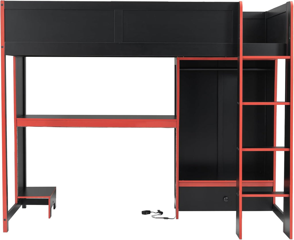Bellemave Loft Bed with Desk and Lights, Loft Bed Twin with Built-in Wardrobe and Drawers, Wood Loft Beds Frame, Teens, No Spring Box Needed & Dedicated, Black and Red