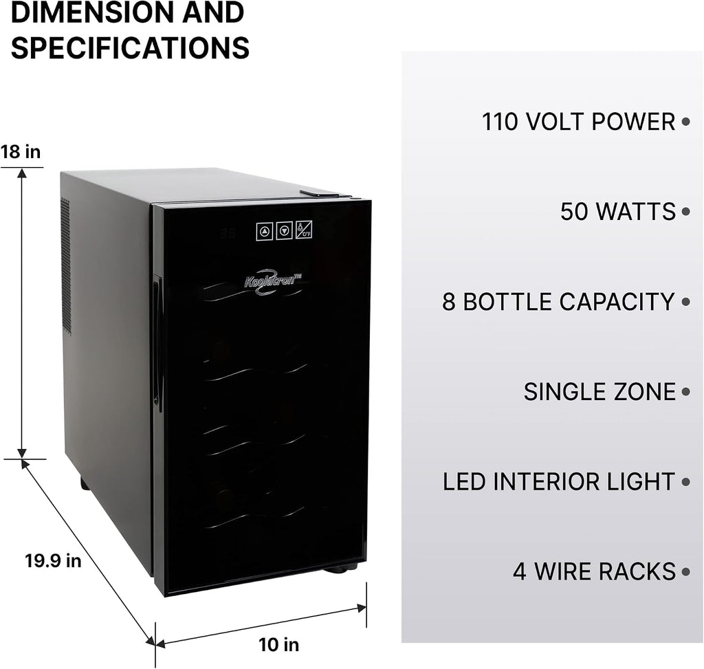 Koolatron 8 Bottle Wine Cooler, Black, Thermoelectric Wine Fridge, 0.8 cu. ft. (23L), Freestanding Urban Series Wine Refrigerator, Red, White and Sparkling Wine Storage for Kitchen and Apartment