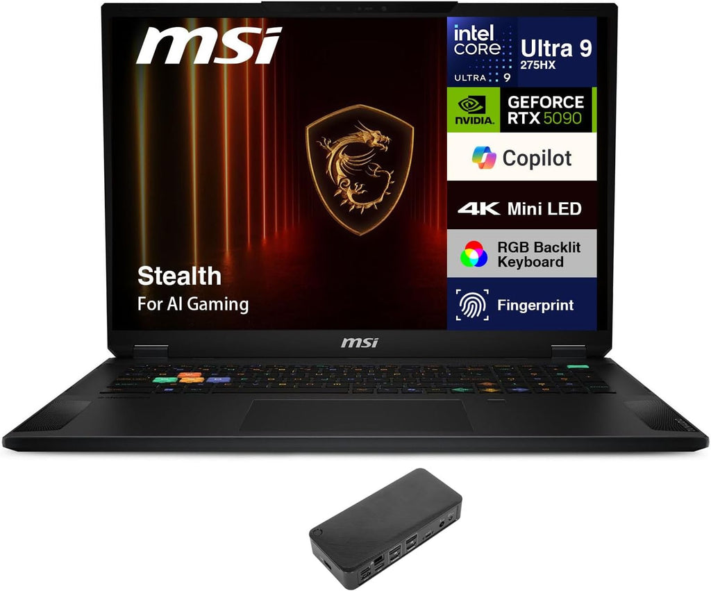 msi Stealth AI Gaming Laptop 18' 4K (Intel Ultra 9-275HX, GeForce RTX 5090 24GB, 64GB DDR5, 8TB PCIe SSD, Win 11 Pro) w/USB-C Dock